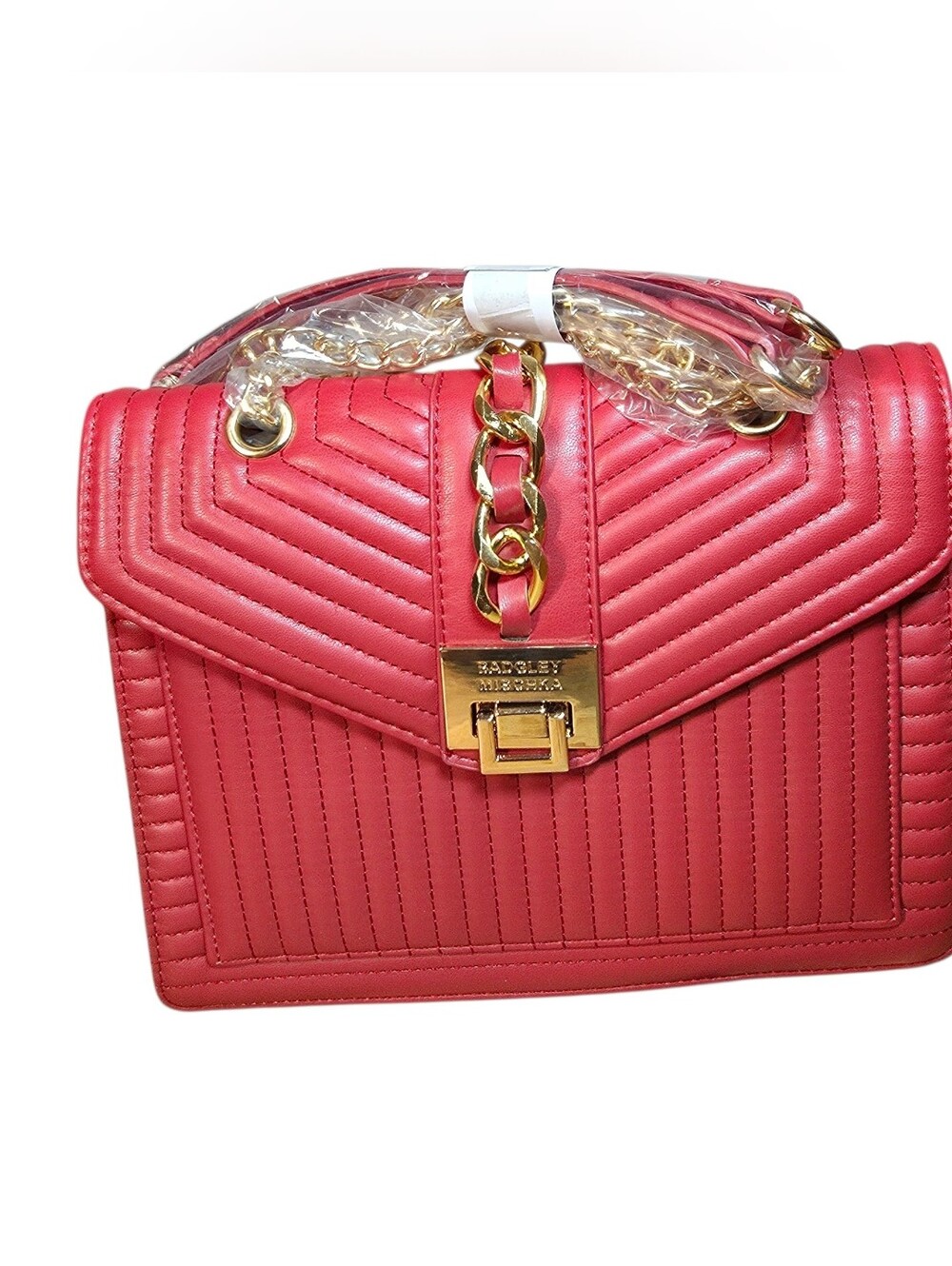 Badgley Mischka Bag Red Quilted Chain-Accent Shoulder Bag Vegan Leather NWT